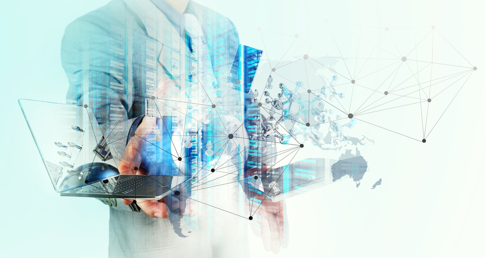 Double exposure of a businessman with technology diagrams to suggest problems of data access in the cloud.